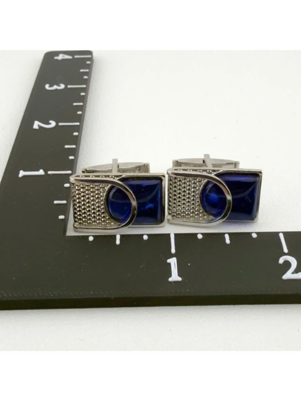 Vintage Rectangular Silver Tone Cufflinks With Blue Glass Accent